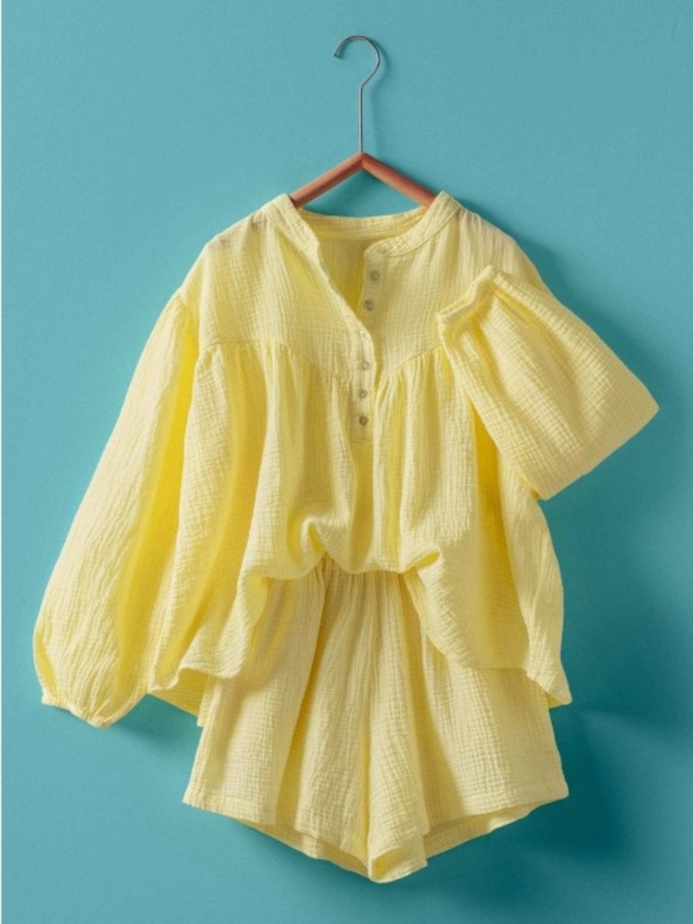 Yellow Two-Piece Cotton Gauze Lounge Set - Henley Style Top + Shorts